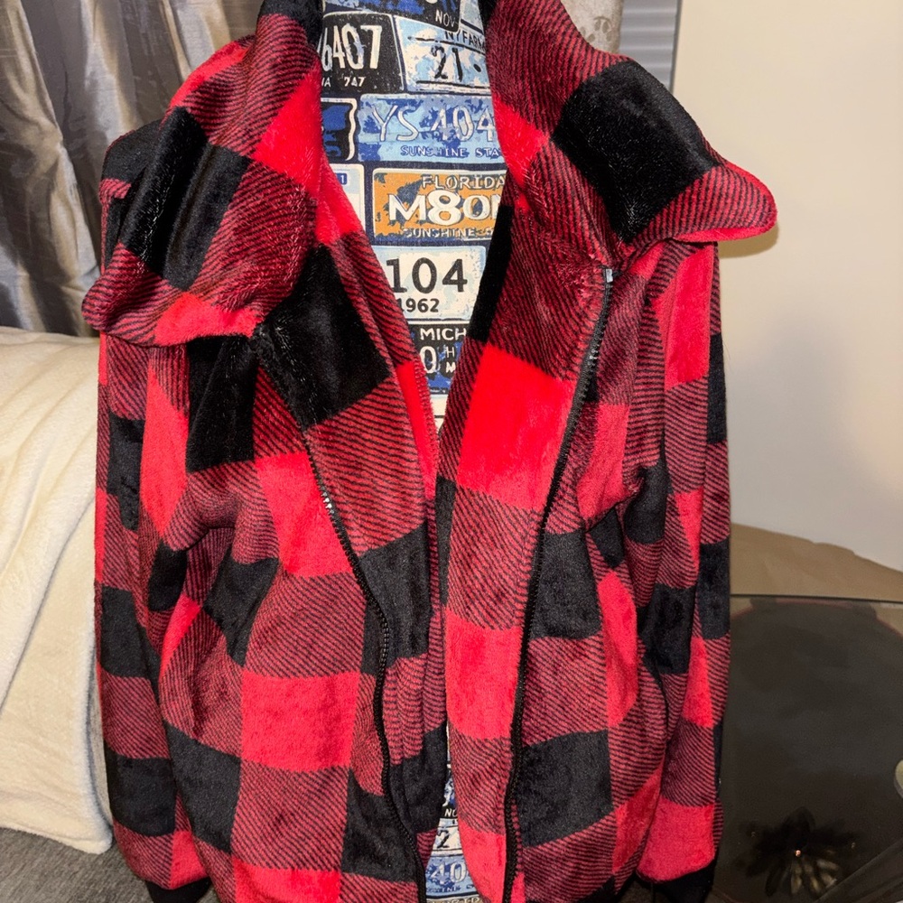 SHEIN Bold Red and Black Checkered Teddy Jacket